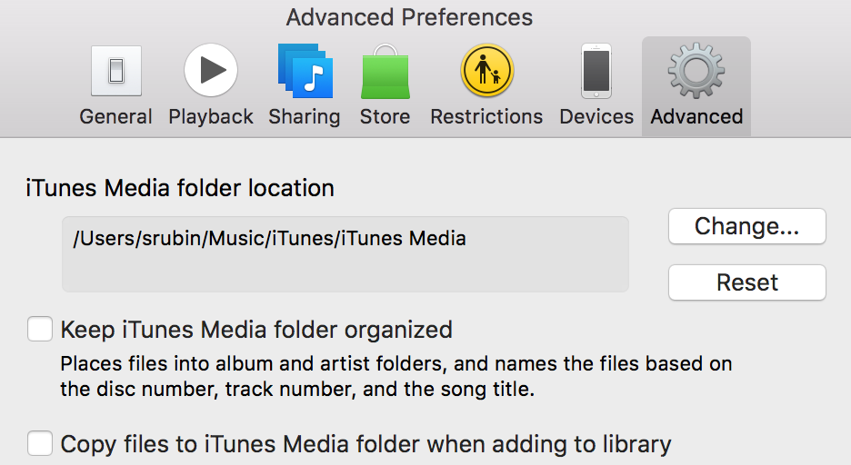 iTunes advanced preferences
